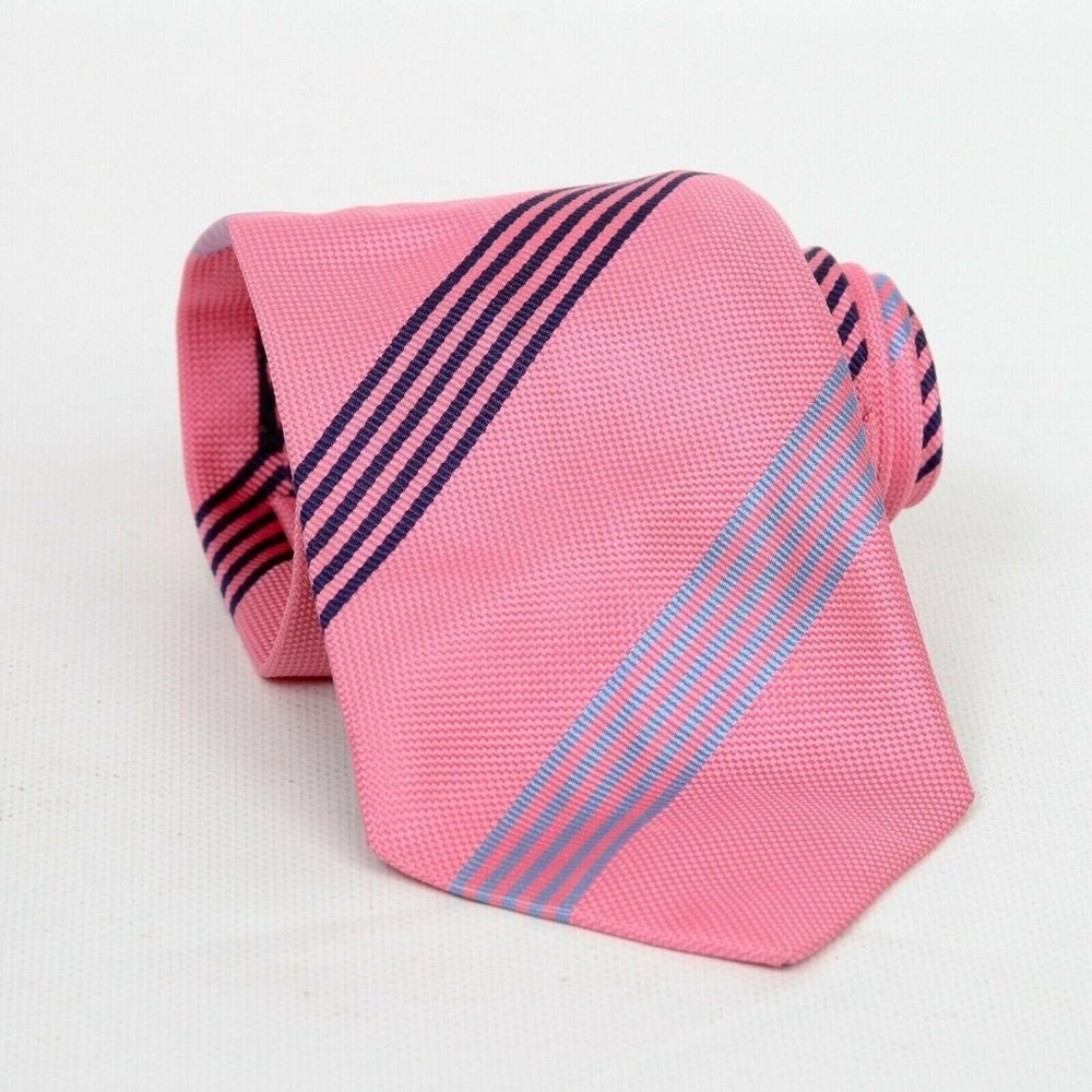 Peter Elliot English Silk Tie Pink Blue Striped Woven Silk Mens Necktie Tie Ties